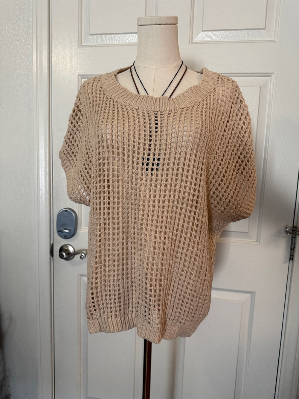 Light Beige Open-Knit Short Sleeve Sweater